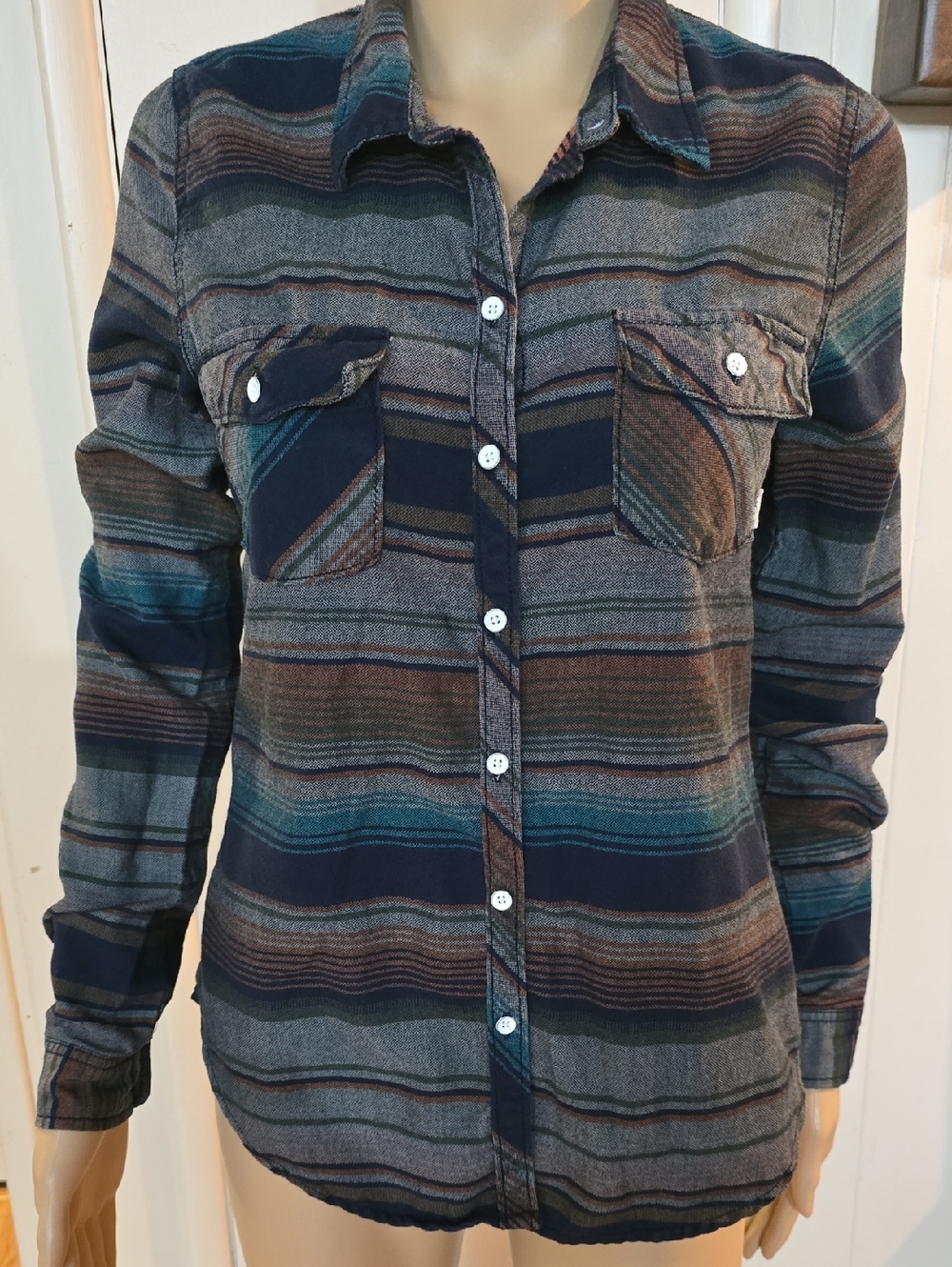 Roxy Southwestern Striped Button-Up Shirt in Navy, Teal & Brown